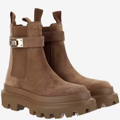 Dolce & Gabbana Suede Ankle Boots With Logo In Brown