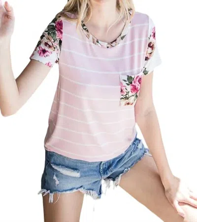 7th Ray Floral Stripe Pocket Tee In Pink In Pink