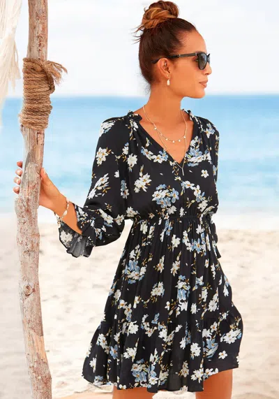 Lascana Women's Ruffle 3/4 Sleeve Dress In Black