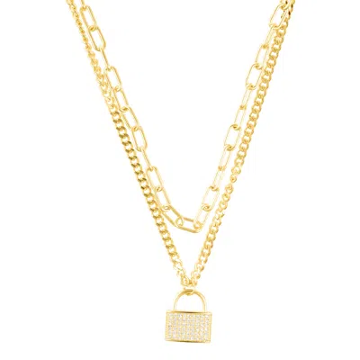 Adornia 14k Gold Plated Adjustable Layered Chain Crystal Lock Necklace In Gold