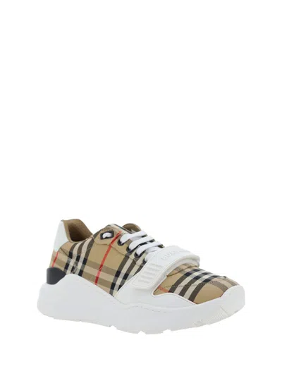 Burberry Beige And White Low Top Sneakers With Vintage Check Print And Rubber Sole In Canvas And Leather Man In Beige