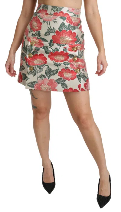 Dolce & Gabbana White Green Red Floral High Waist Mini Skirt In White
