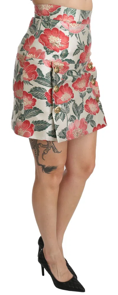 Dolce & Gabbana White Green Red Floral High Waist Mini Skirt In White