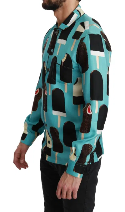 Dolce & Gabbana Exclusive Silk Blend Ice-cream Print Men's Shirt In Blue