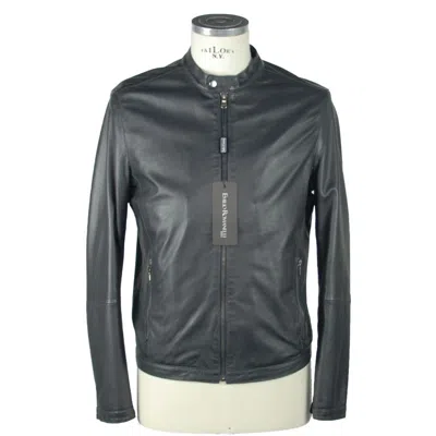 Emilio Romanelli Elegant Brown Leather Zip Jacket In Blue