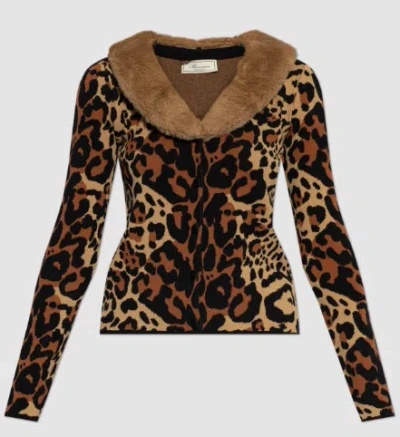 Blumarine Viscose Blend Cardigan With Faux Fur Collar In Brown Sugar Black