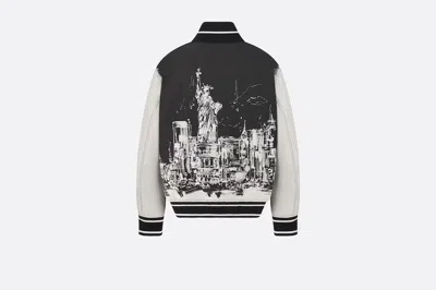 Dior Bomber Jacket In Black And White Technical Taffeta Jacquard With New York Motif