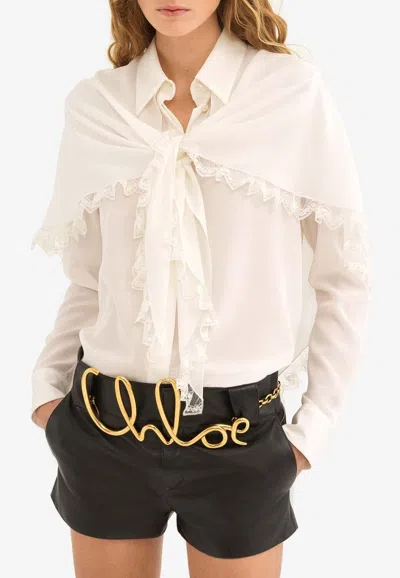 Chloé Lace-trimmed Draped Layered Silk-crepe De Chine Shirt In White