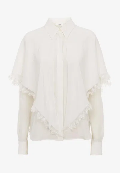 Chloé Lace-trimmed Draped Layered Silk-crepe De Chine Shirt In White