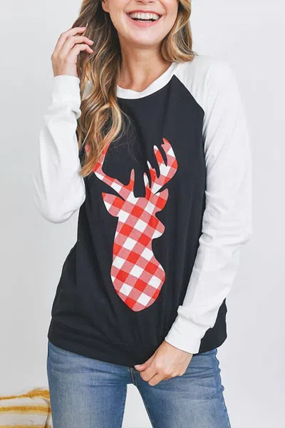 Rousseau Deer Plaid Raglan Top In Black In Black