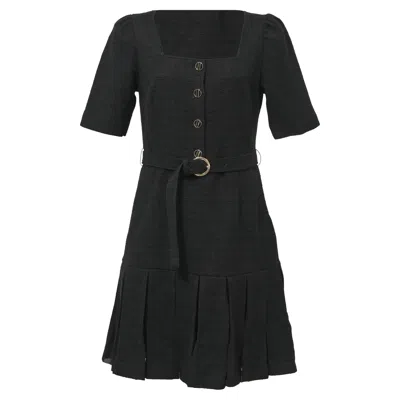 Sandro Pleated Mini Belted Dress In Black Cotton Tweed In Black