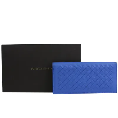 Bottega Veneta Men's Intercciaco Blue Leather Woven Long Bifold Wallet 390878 4315 In Blue