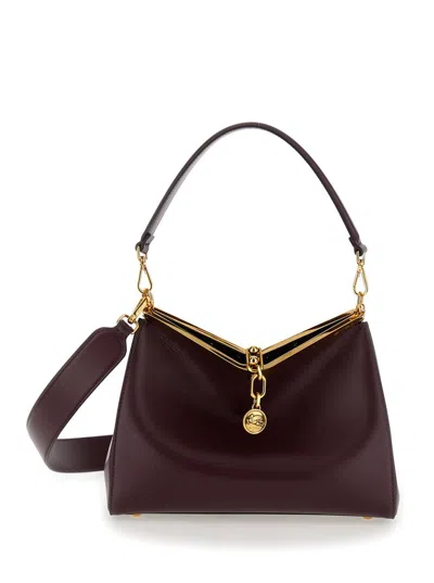 Shop Etro 'medium Vela' Bordeaux Shoulder Bag With Logo And Pegasus Charm In Leather Woman In Red