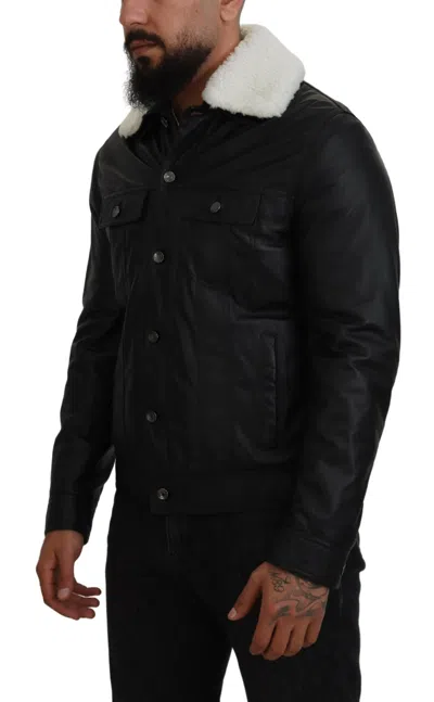 Dolce & Gabbana Black Leather Fur Collar Biker Coat Jacket In Black
