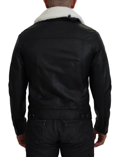 Dolce & Gabbana Black Leather Fur Collar Biker Coat Jacket In Black