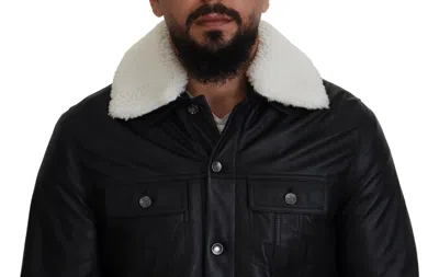 Dolce & Gabbana Black Leather Fur Collar Biker Coat Jacket In Black