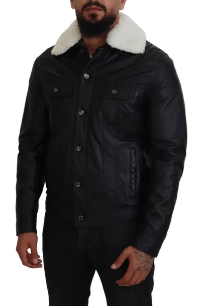 Dolce & Gabbana Black Leather Fur Collar Biker Coat Jacket In Black