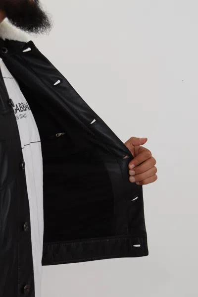 Dolce & Gabbana Black Leather Fur Collar Biker Coat Jacket In Black