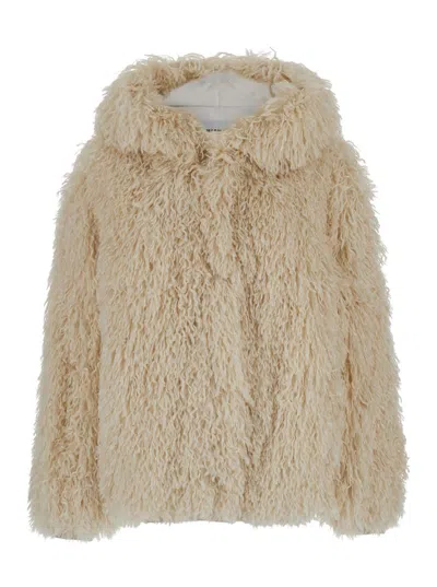 Shop Msgm Beige Single-breasted Jacket With Hood In Faux Fur Woman