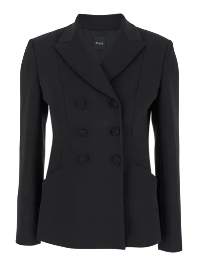 Plain Black Double-breasted Jacket With Peak Revers In Black