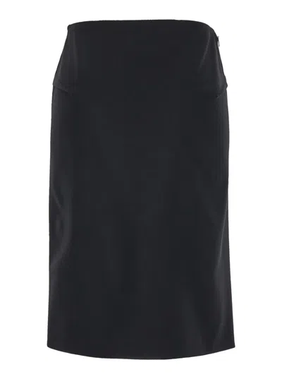 Versace Black Midi Skirt With Side Slit In Stretch Wool Woman In Black