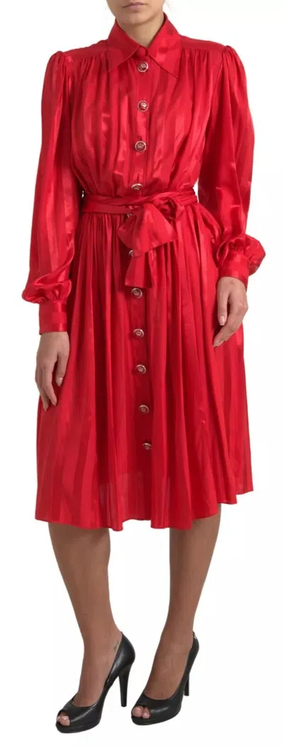 Dolce & Gabbana Red Satin Silk Button Down Belted Midi Dress In Red
