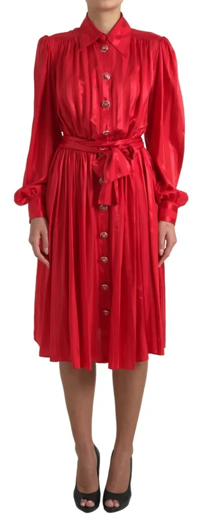 Dolce & Gabbana Red Satin Silk Button Down Belted Midi Dress In Red