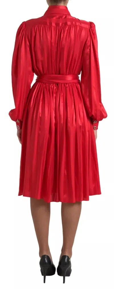 Dolce & Gabbana Red Satin Silk Button Down Belted Midi Dress In Red