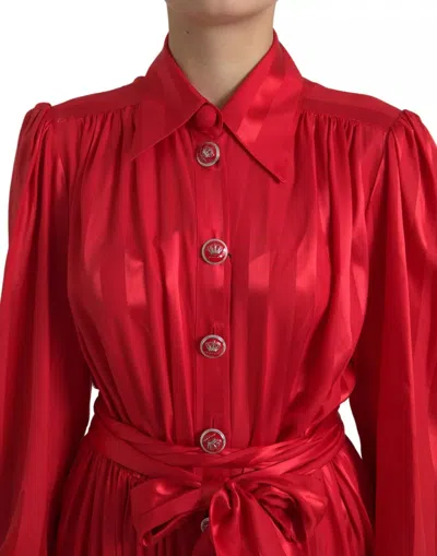 Dolce & Gabbana Red Satin Silk Button Down Belted Midi Dress In Red