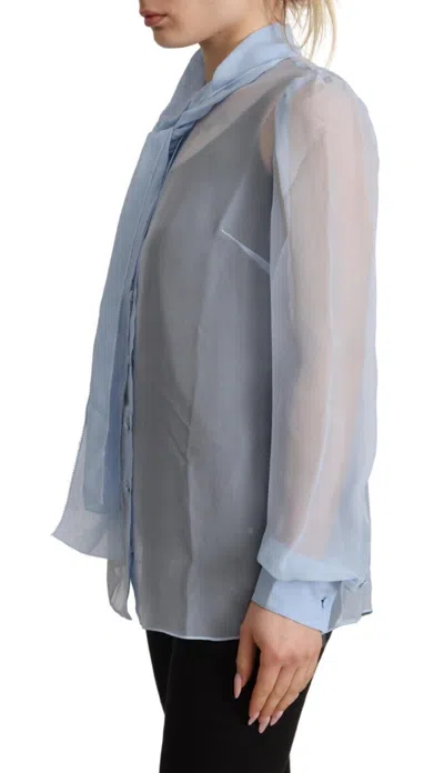 Dolce & Gabbana Light Blue Silk Ascot Collar Long Sleeves Blouse Top In Light Blue