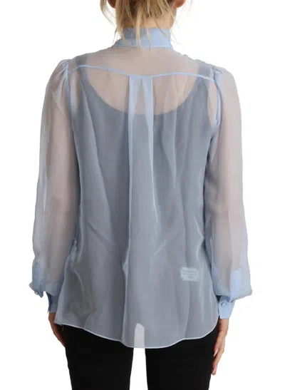 Dolce & Gabbana Light Blue Silk Ascot Collar Long Sleeves Blouse Top In Light Blue