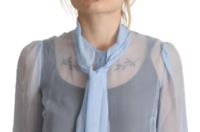 Dolce & Gabbana Light Blue Silk Ascot Collar Long Sleeves Blouse Top In Light Blue