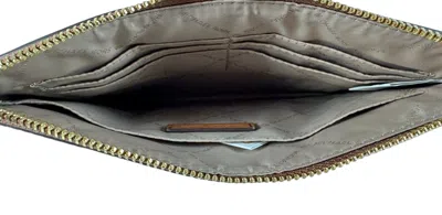 Michael Kors Women's Jet Set Travel Extra Large Zip Clutch Leather Wristlet Wallet In Brown Multi/gold