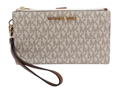 Michael Kors Women's Jet Set Travel Mk Signature Double Zip Wristlet Wallet In Vanilla Mk Pvc