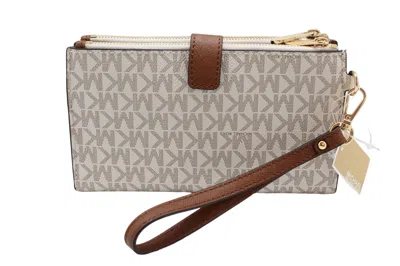 Michael Kors Women's Jet Set Travel Mk Signature Double Zip Wristlet Wallet In Vanilla Mk Pvc