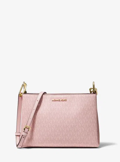Michael Kors Women's Trisha Triple Compartment Signature Logo Crossbody Bag In Powder Blush Mk/gold