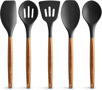 Zulay Kitchen Non-stick Silicone Cooking Utensils Set With Authentic Acacia Wood Handles (5 Piece) In Black