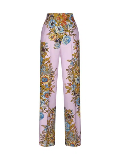 Etro Floral High-rise Silk Wide-leg Pants In Pink