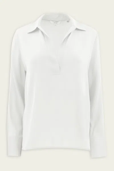 Vince Stretch-silk Long-sleeve Polo Blouse In Off-white