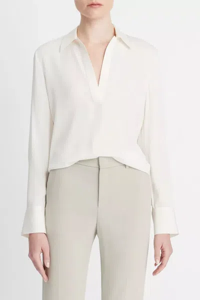 Vince Stretch-silk Long-sleeve Polo Blouse In Off-white