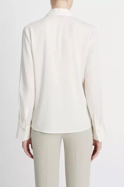 Vince Stretch-silk Long-sleeve Polo Blouse In Off-white