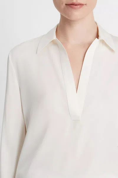 Vince Stretch-silk Long-sleeve Polo Blouse In Off-white