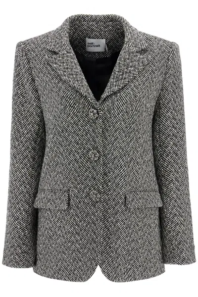 Self-portrait Herringbone Three-button Blazer In Black