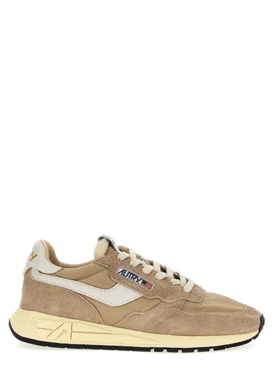 Autry Reelwind Low Nylon And Leather Craquele Pepper And White Sneakers In Beige
