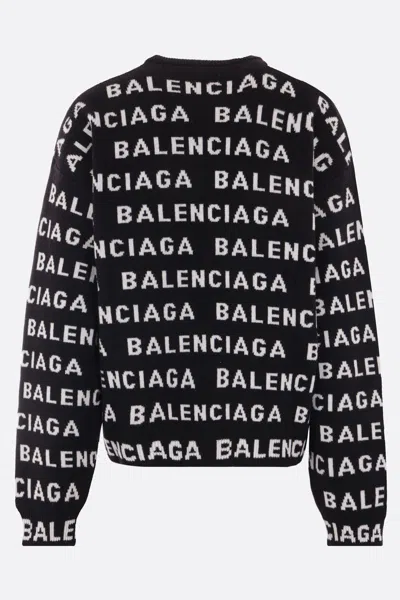 Balenciaga Logo All Over Print Pullover Sweater In Black