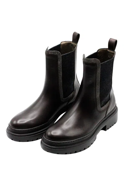 Brunello Cucinelli Leather Beatles Shoe With Jewels On The Side Elastic Bandleather In Brown