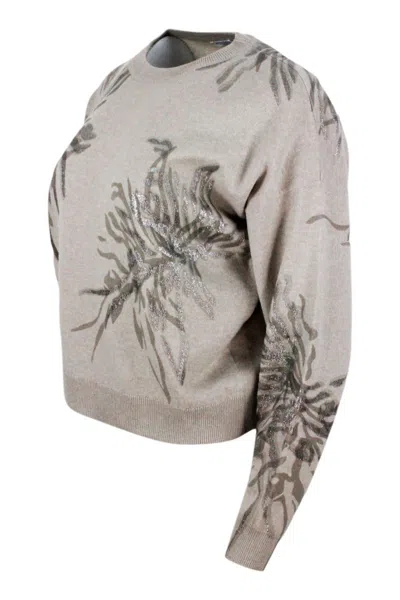Brunello Cucinelli Long-sleeved Round-neck Wool, Silk And Cashmere Sweater With Flower Print Embellished With Lurex In Brown