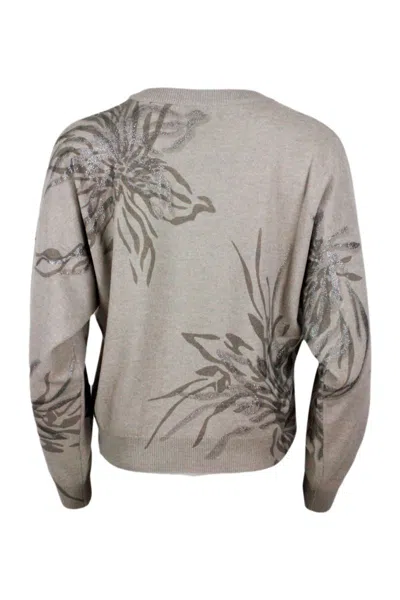 Brunello Cucinelli Long-sleeved Round-neck Wool, Silk And Cashmere Sweater With Flower Print Embellished With Lurex In Brown