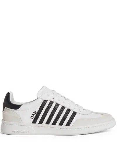 Dsquared2 White And Black Low Top Sneakers With Contrasting Bands In Leather Man In White+black