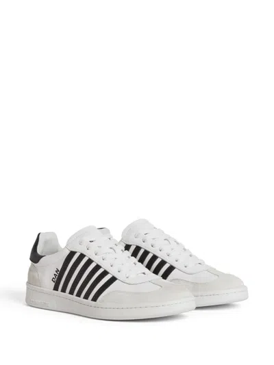 Dsquared2 White And Black Low Top Sneakers With Contrasting Bands In Leather Man In White+black